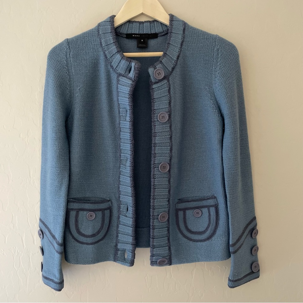 Marc Jacobs Blue Grey Classic Preppy Button Up Cardigan Knit Sweater
